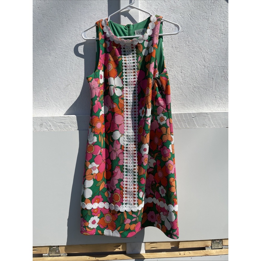 Eliza J Floral Lace Trim Shift Dress In Green Pink Multicolored Sz 8 Party